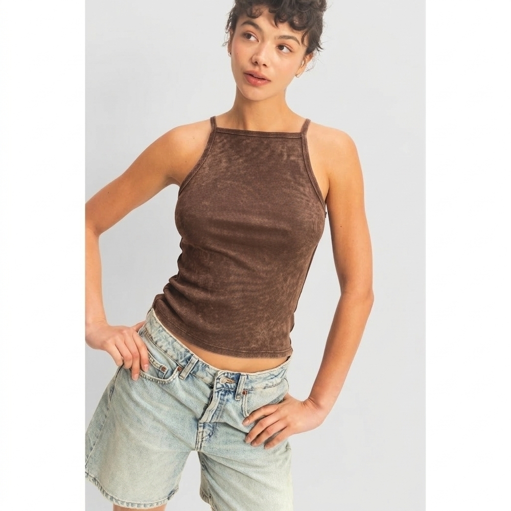 Double Zero Brown Square Neck Ribbed Halter Mineral Wash Cotton Blend Tank Top